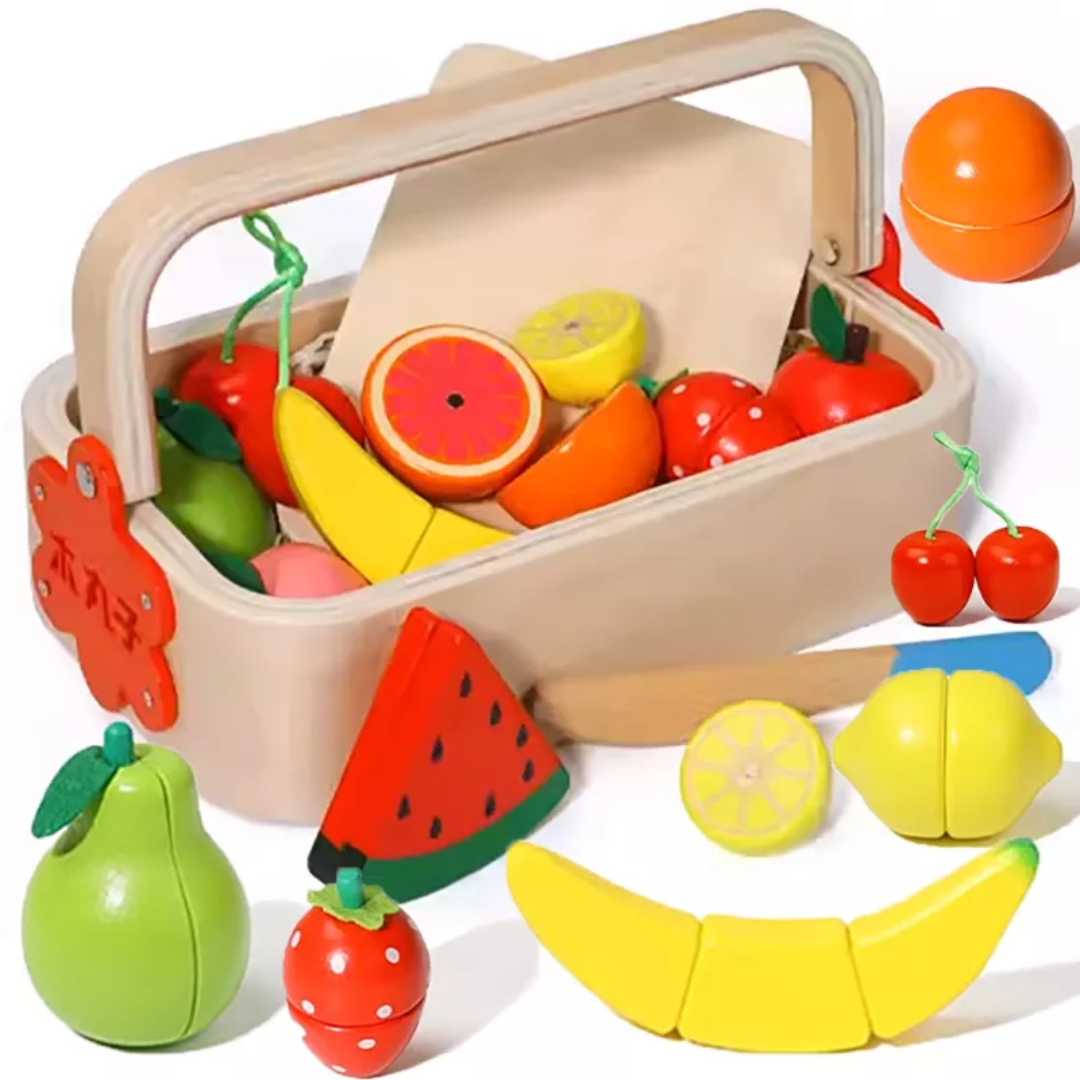 Set de frutas de madera con imán y canasta. - Montessorikidschile