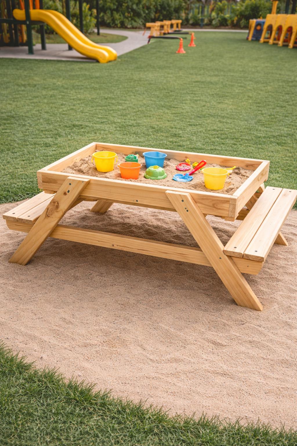 Arenero con asientos de madera Montessorikidschile