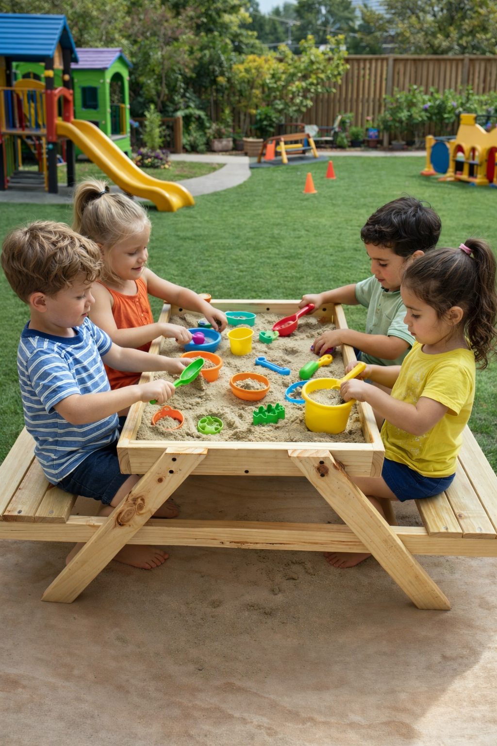 Arenero con asientos de madera Montessorikidschile