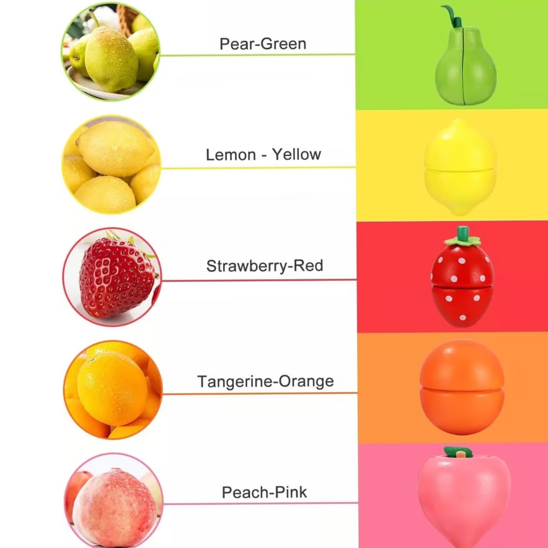 Set de frutas de madera con imán y canasta. - Montessorikidschile