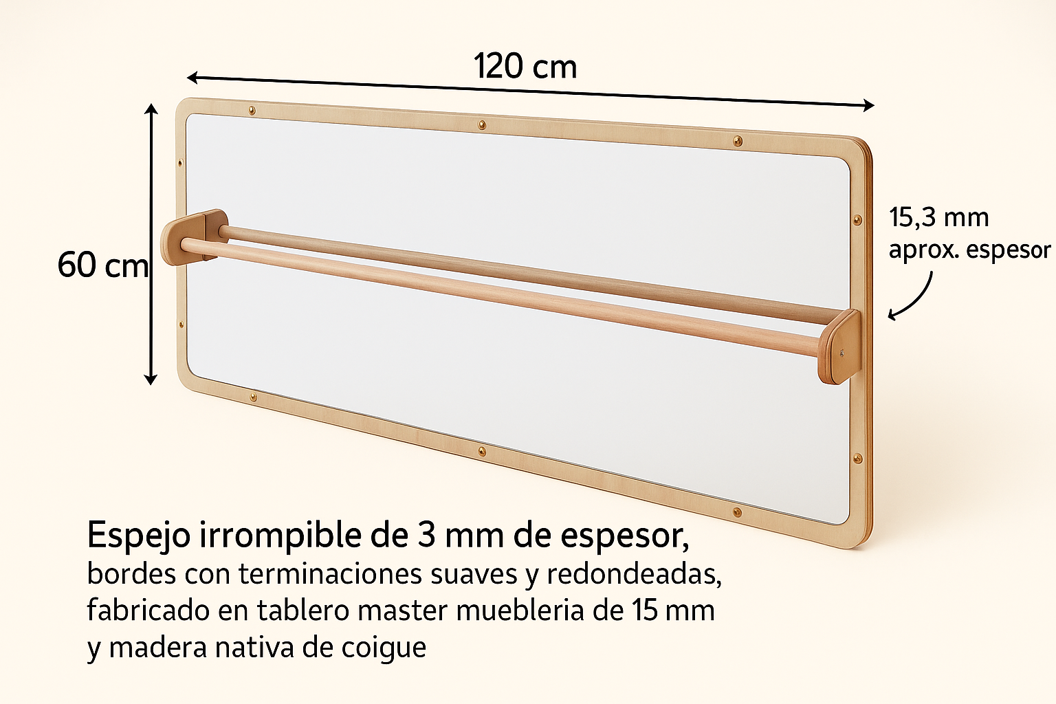 Espejo Montessori con Barra de Alzamiento Simple – 120 x 60 - Montessorikidschile