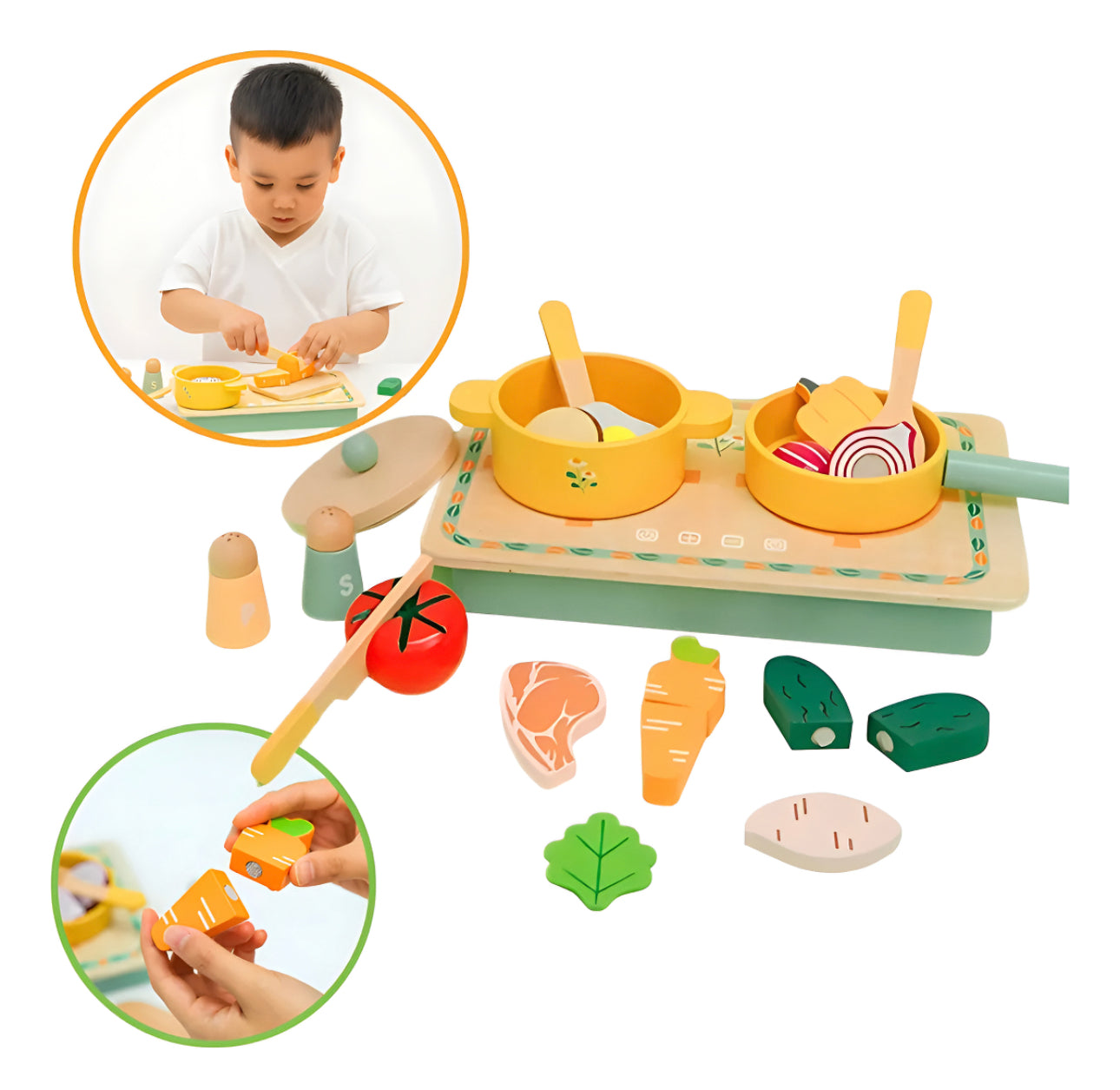 Cocina Montessori  de madera con vegetales