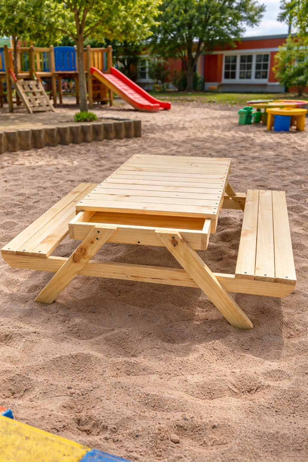 Mesa Sensorial de Arena con Bancas y Tapa de Madera Montessorikidschile